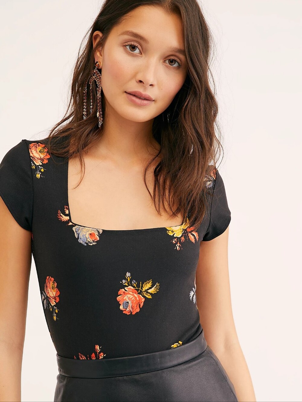 Free People Bodysuit Floral Square Neck Short Cap Sleeve Crotch Snap Closure